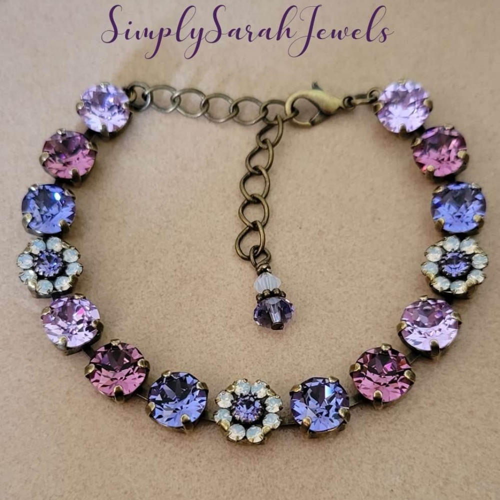 Austrian Crystal Tennis Bracelet in Antique Brass